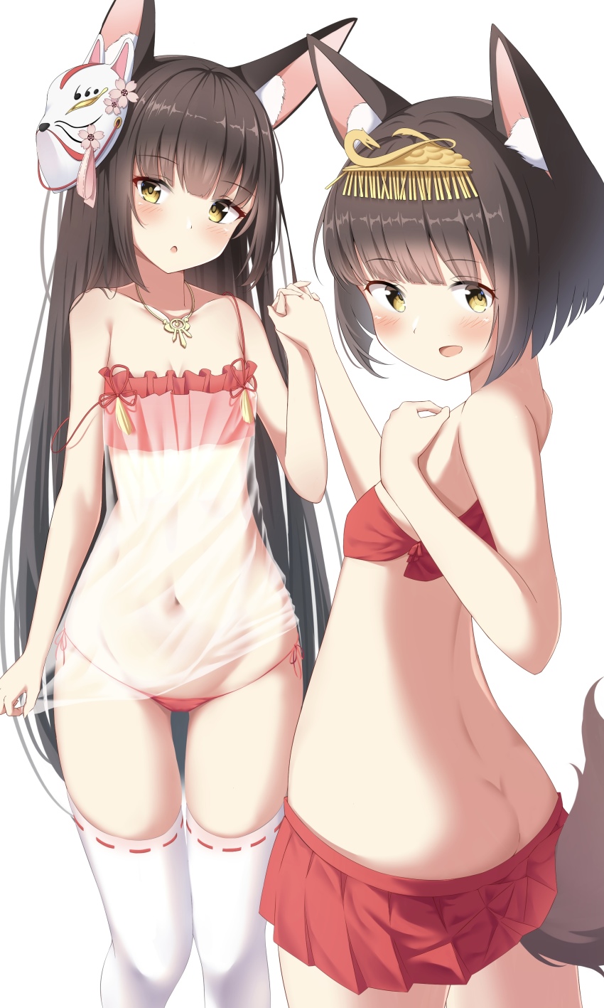 2girls, absurdres, animal_ears, ass, azur_lane, blush, breasts, brown_eyes, brown_hair, butt_crack, camisole, cien_(shikanokuni), clothes_pull, fox_ears, fox_girl, fox_mask, fox_tail, hair_ornament, highres, holding_hands, jewelry, loli, long_hair, looking_back, lowleg, lowleg_panties, mask, mask_on_head, miniskirt, multiple_girls, mutsu_(azur_lane), nagato_(azur_lane), nagato_(great_fox's_respite)_(azur_lane), navel, necklace, no_panties, open_mouth, panties, pleated_skirt, red_camisole, red_panties, red_skirt, see-through_clothes, short_hair, side-tie_panties, simple_background, skirt, skirt_pull, small_breasts, stomach, strap_slip, tail, thigh_gap, thighhighs, thighs, underwear, very_long_hair, white_background, white_thighhighs
