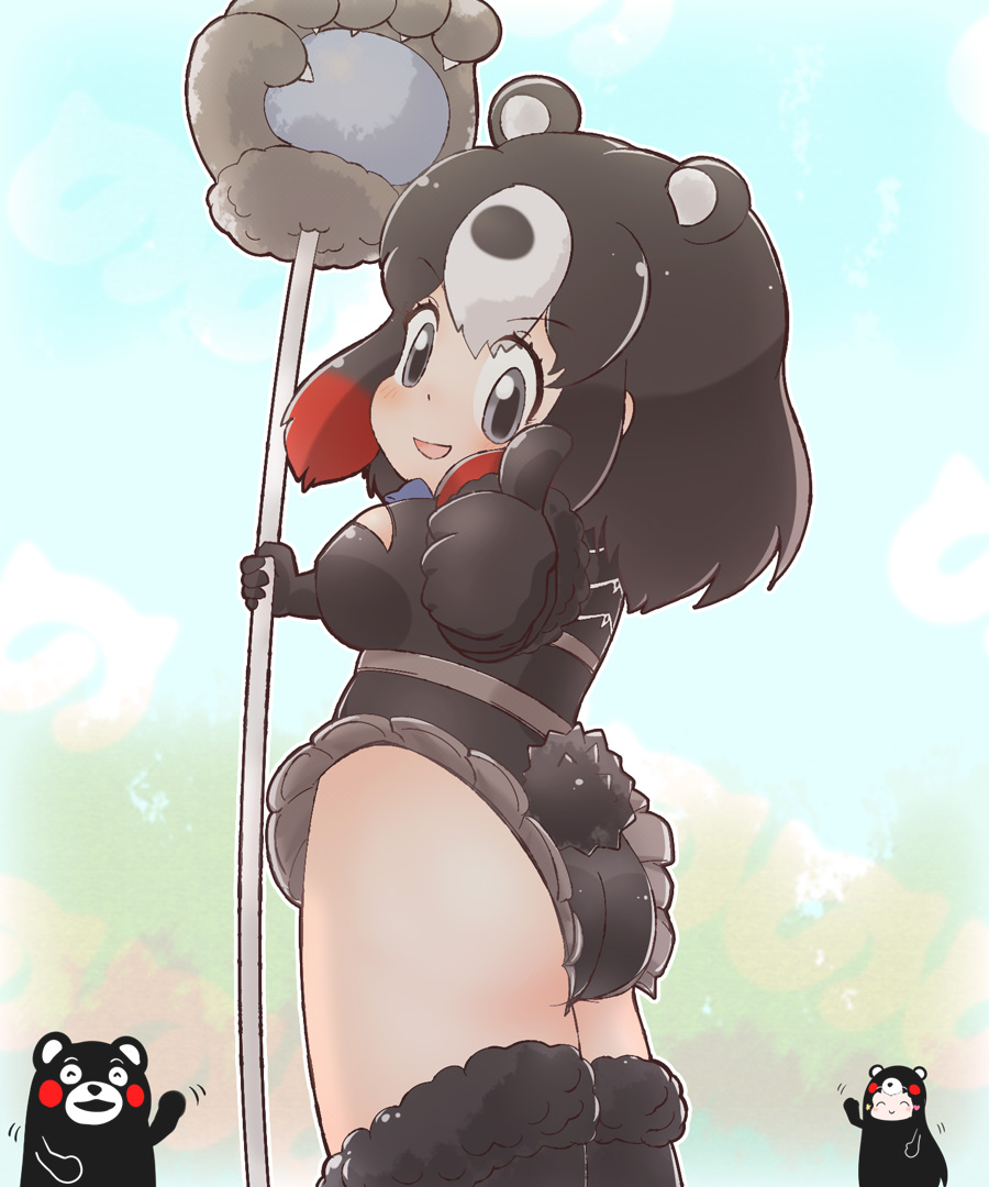 animal_costume, animal_ear_fluff, animal_ears, black_hair, chibi_kumamon_(kemono_friends), elbow_gloves, gloves, higumamon_(kemono_friends)