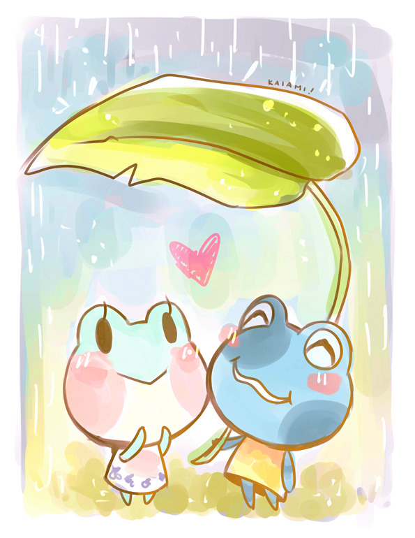 1boy, 1girl, animal_crossing, blue_background, frog, green_background, heart, holding