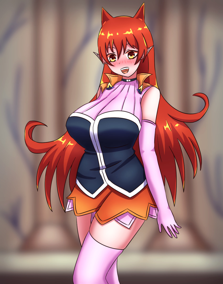 1girl, animal_ears, astelord, azazel_ameri, blush, breasts, demon_girl, fox_ears, gloves, highres, large_breasts, mairimashita!_iruma-kun, red_hair, school_uniform, skirt, solo, thighhighs