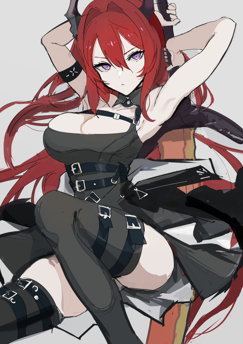 1girl, absurdres, arknights, armpits, arms_up, belt, belt_buckle, black_dress