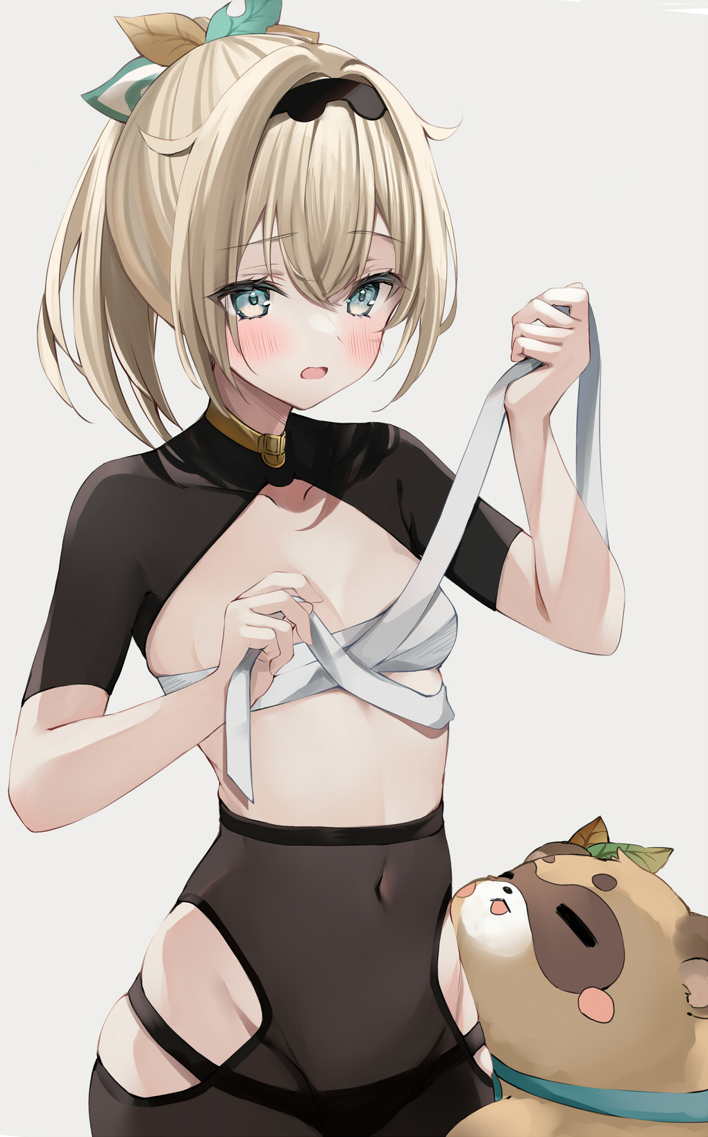 1girl, black_panties, black_pantyhose, blonde_hair, blush, breasts, budget_sarashi, chest_sarashi
