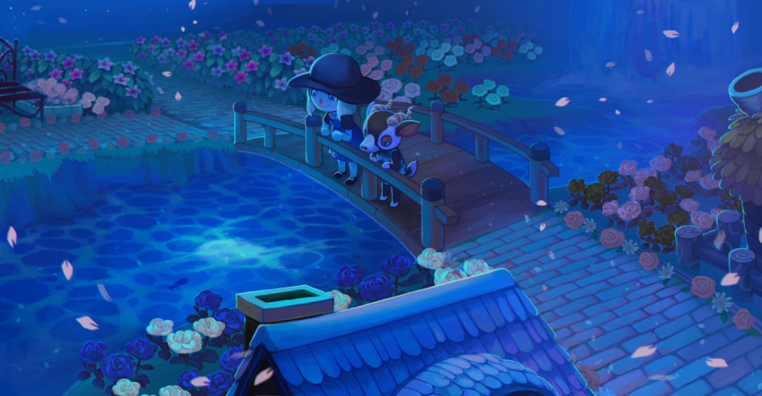 1boy, 1girl, animal_crossing, blonde_hair, blue_theme, bridge, cherry_blossoms, field, flower, flower_field, hat, looking_down, nintendo, preoprix, river, scenery, standing, sun_hat, villager_(animal_crossing), zell_(animal_crossing)