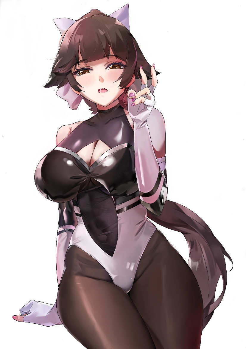1girl, azur_lane, bare_shoulders, black_leotard, bow, breasts, brown_eyes, brown_hair, cleavage, cleavage_cutout, clothing_cutout, elbow_gloves, fingerless_gloves, gloves, impossible_clothes, large_breasts, leotard, long_hair, mi35tututu, multicolored_leotard, official_alternate_costume, pantyhose, ponytail, race_queen, simple_background, solo, takao_(azur_lane), takao_(full_throttle_charmer)_(azur_lane), thighs, two-tone_leotard, unitard, v, very_long_hair, white_background, white_bow, white_gloves, white_leotard