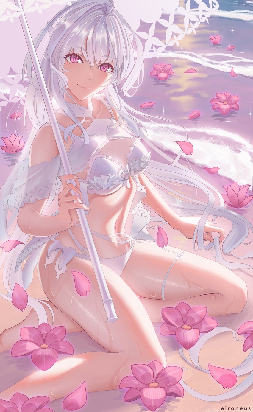 1girl, ahoge, bikini, breasts, commentary_request, eironeus, fate/grand_order, fate_(series), flower, frilled_bikini, frilled_swimsuit, frills, highres, holding, holding_umbrella, lady_avalon_(fate), lady_avalon_(second_ascension)_(fate), long_hair, lotus, merlin_(fate/prototype), merlin_(swimsuit_pretender)_(second_ascension)_(fate/prototype), navel, ocean, parasol, petals, pink_eyes, shore, small_breasts, smile, solo, sparkle, swimsuit, twilight, umbrella, wet, white_bikini, white_hair, white_umbrella