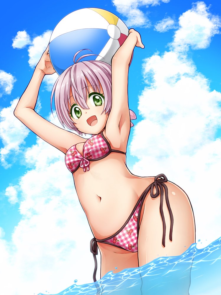 1girl, ball, beachball, bikini, blue_sky, cherry_print, food_print, fruit_print, open_mouth, pink_hair, seiseki-tan, side-tie_bikini_bottom, sky, swimsuit