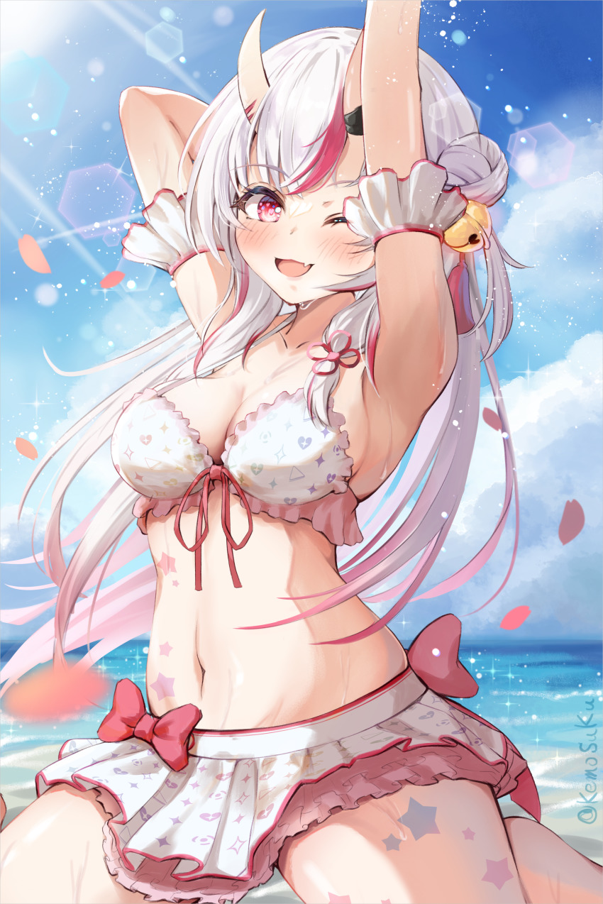 1girl, ;d, absurdres, alternate_breast_size, arm_behind_head, arm_garter, arm_up, armpits