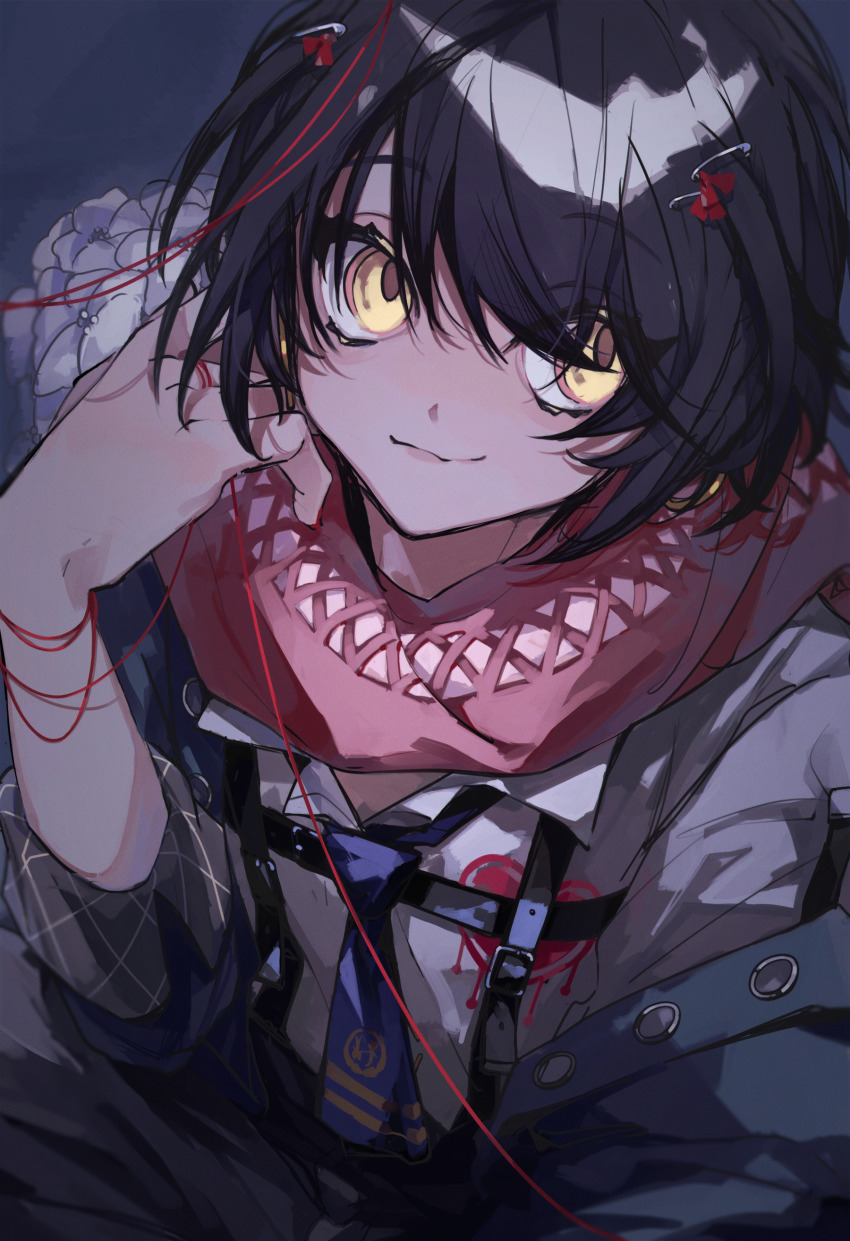 1boy, absurdres, androgynous, blue_coat, brown_hair, closed_mouth, coat, hair_ornament, hairclip, harness, heart, highres, looking_at_viewer, male_focus, mashiro_meme, mashiro_meme_(1st_costume), nijisanji, s_poi_l, scarf, shirt, short_hair, sketch, smile, solo, staple, string, string_of_fate, suspenders, trap, virtual_youtuber, white_shirt, yellow_eyes