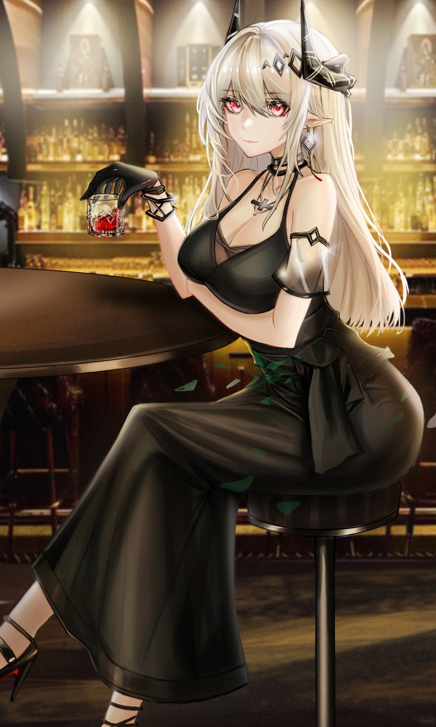 1girl, absurdres, arknights, bar_(place), bare_shoulders, black_choker, black_dress, black_footwear