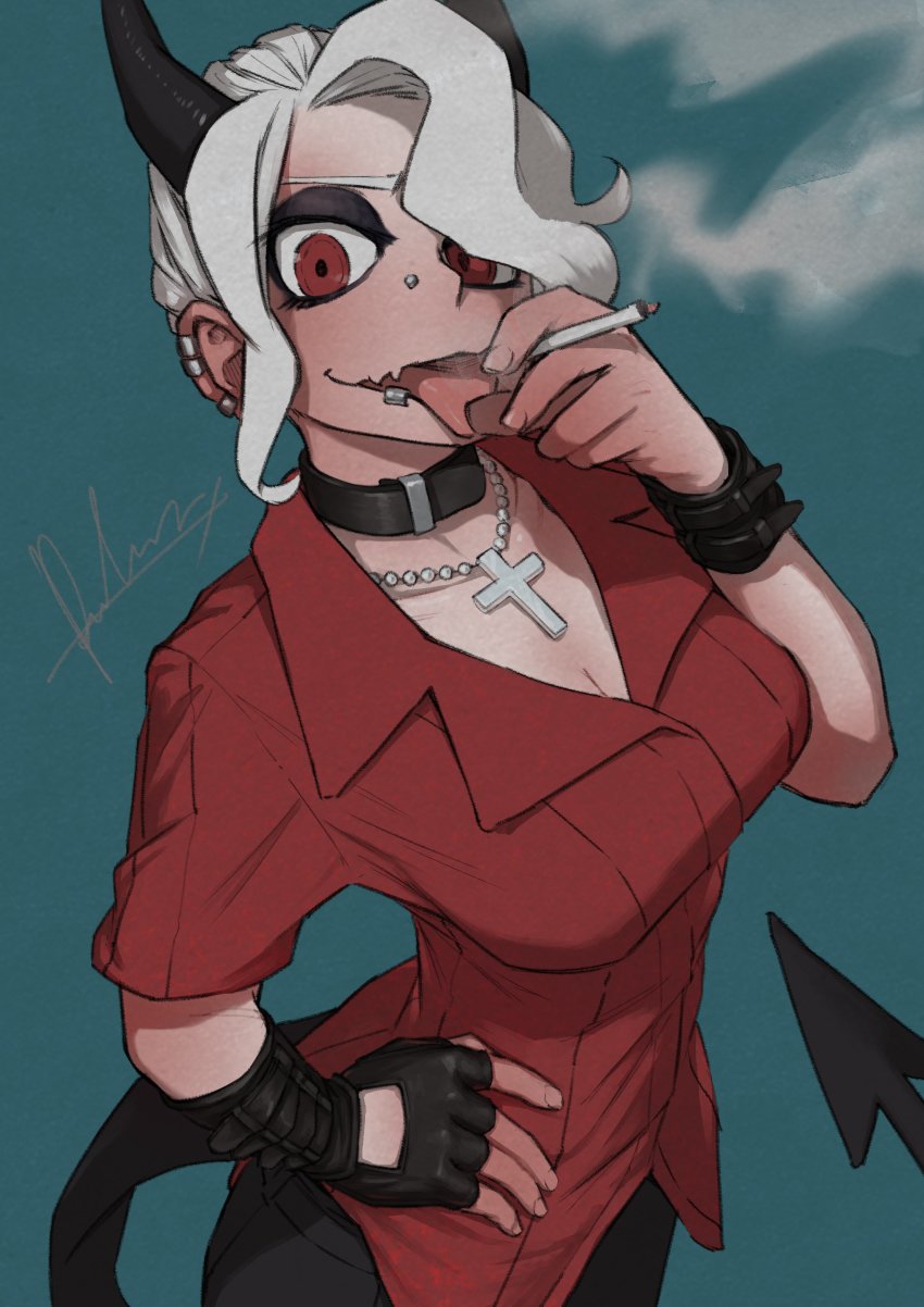 1girl, absurdres, black_pants, blue_background, cigarette, cross, demon_girl, demon_tail, ear_piercing, face_piercing, gloves, helltaker, highres, mouth_piercing, nose_piercing, pants, piercing, pueblo, red_eyes, red_shirt, shirt, smoke, tail, tongue, tongue_out, white_hair, zdrada_(helltaker)