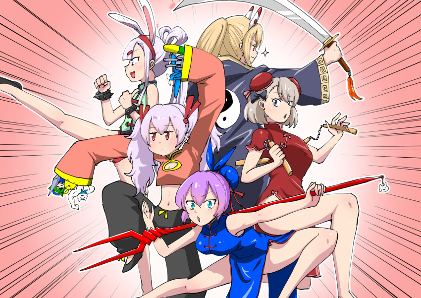 5girls, ayanami_(azur_lane), azur_lane, china_clothes, china_dress, chinese_clothes, dress, highres, javelin_(azur_lane), laffey_(azur_lane), multiple_girls, purple_hair, shimakaze_(azur_lane), yin_yang, z23_(azur_lane)