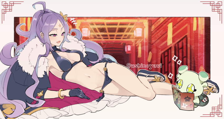 1girl, ahoge, bare_shoulders, bikini, black_bikini, black_cape, black_gloves, book