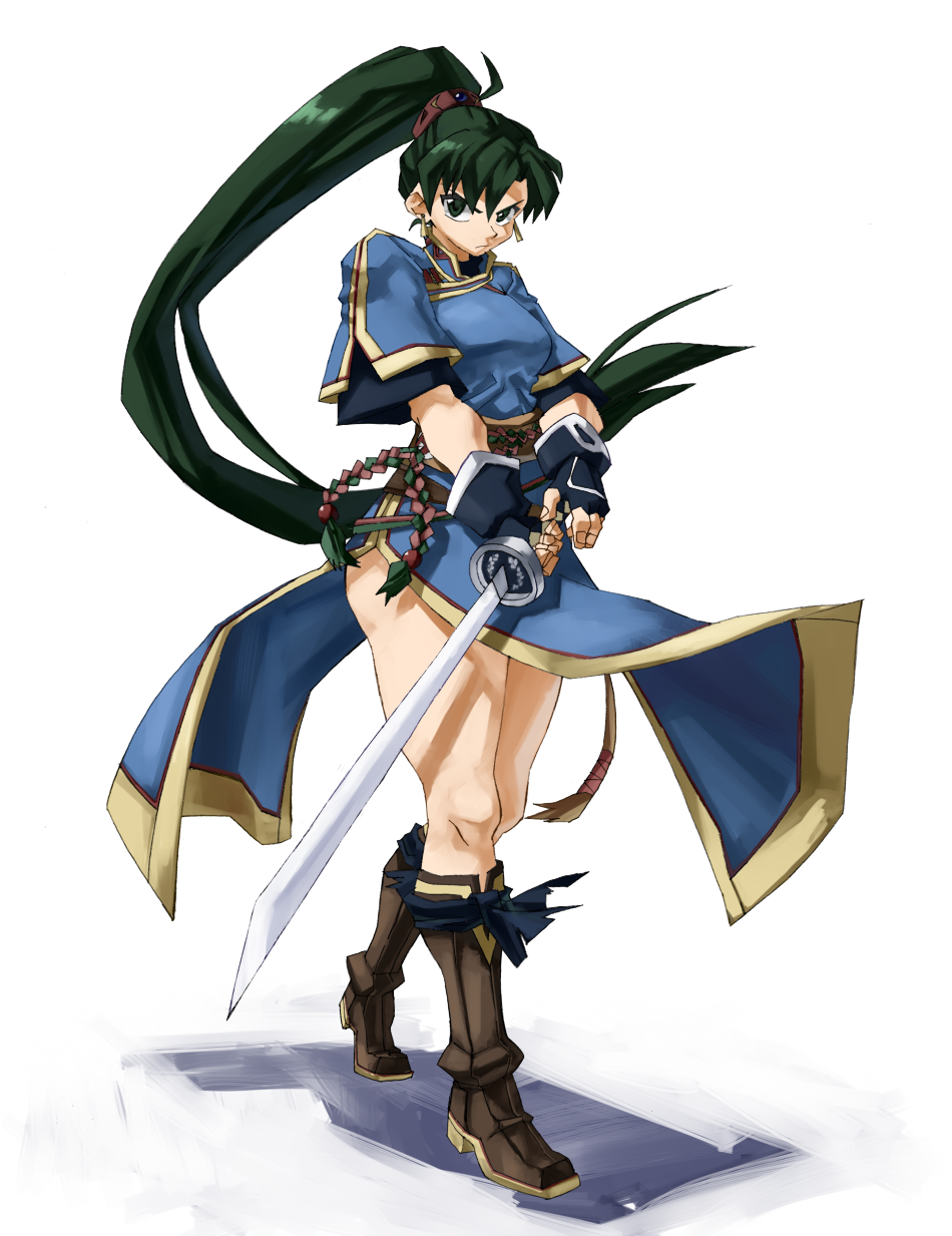 1girl, angry, belt, blue_dress, boots, brown_boots, chinese_clothes, dress, fighting_stance, fingerless_gloves, fire_emblem, gloves, green_eyes, green_hair, highres, holding, holding_sword, holding_weapon, long_hair, lyn_(fire_emblem), mani_katti_(fire_emblem), nintendo, pelvic_curtain, ponytail, shino_(2919), short_sleeves, side_slit, simple_background, solo, sword, thick_thighs, thighs, weapon, white_background