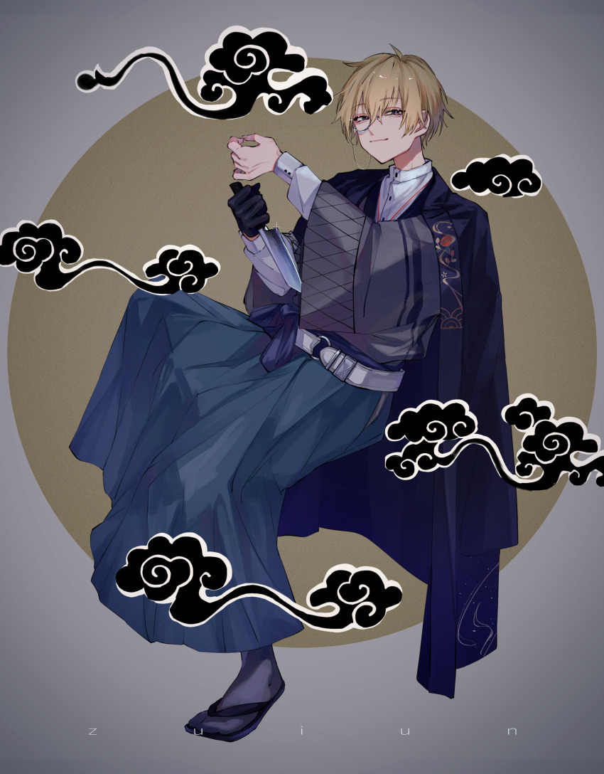 1boy, absurdres, asymmetrical_gloves, blonde_hair, blue_eyes, closed_mouth, full_body, gloves