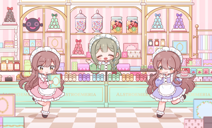 3girls, ahoge, alstroemeria_(idolmaster), apron, bobby_socks, box, braid, braided_ponytail