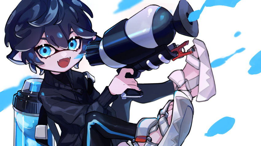 1boy, axia_krone, black_hair, blue_background, blue_eyes, highres, sports_sandals, inkling, inkling_girl, inkling_player_character, looking_at_viewer, male_focus, multicolored_background, nijisanji, nintendo, paint, paint_splatter, pointy_ears, s_poi_l, sandals, short_hair, solo, splatoon_(series), virtual_youtuber, white_background