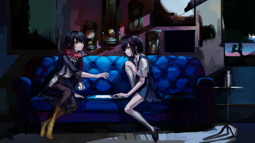 2boys, absurdres, androgynous, boots, brown_hair, closed_mouth, couch, crossdressing