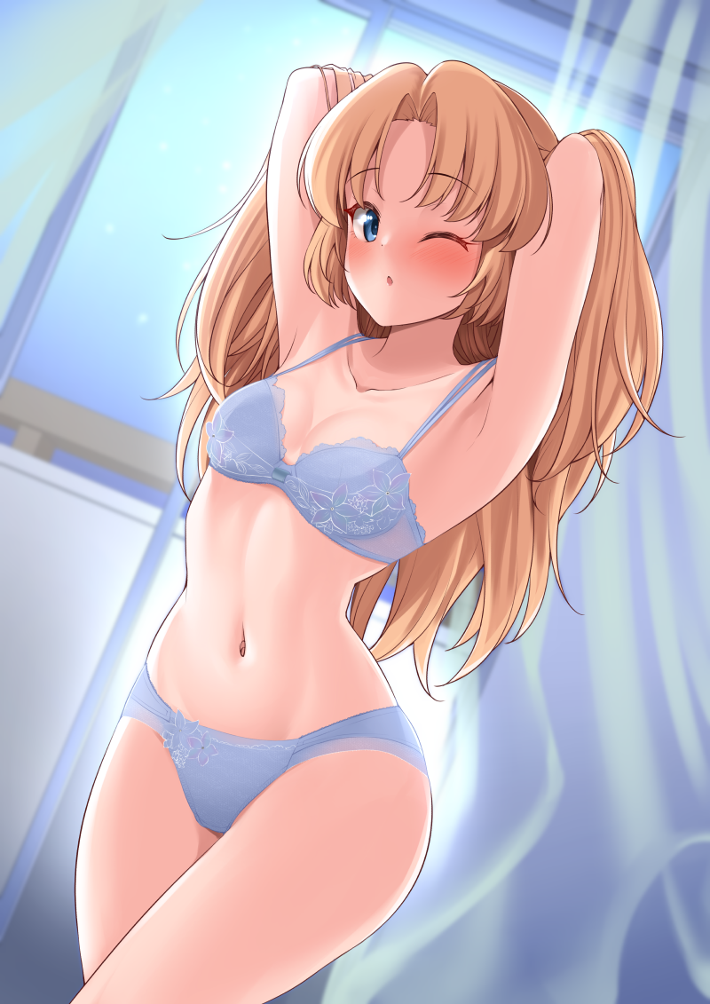 :o, armpits, arms_up, blonde_hair, blue_eyes, blush, bra, breasts, cleavage, curtains, dream_c_club, dream_c_club_(series), feet_out_of_frame, hair_intakes, hisakabe_oto, lace, lace-trimmed_bra, lace_trim, lingerie, long_hair, looking_at_viewer, medium_breasts, midriff, navel, one_eye_closed, open_mouth, parted_bangs, raised_eyebrows, seira_(dream_c_club_gogo.), standing, underwear, underwear_only, very_long_hair