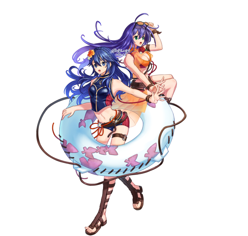 2girls, :o, alternate_costume, arm_strap, arm_up, bare_shoulders, belt, bikini