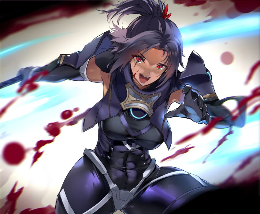 1girl, armor, ashera_(xenoblade), black_gloves, black_hair, blood, blood_on_face, bodysuit, breasts, elbow_gloves, gloves, highres, holding, holding_weapon, large_breasts, negresco, pauldrons, ponytail, red_eyes, shoulder_armor, slashing, weapon, xenoblade_chronicles_(series), xenoblade_chronicles_3