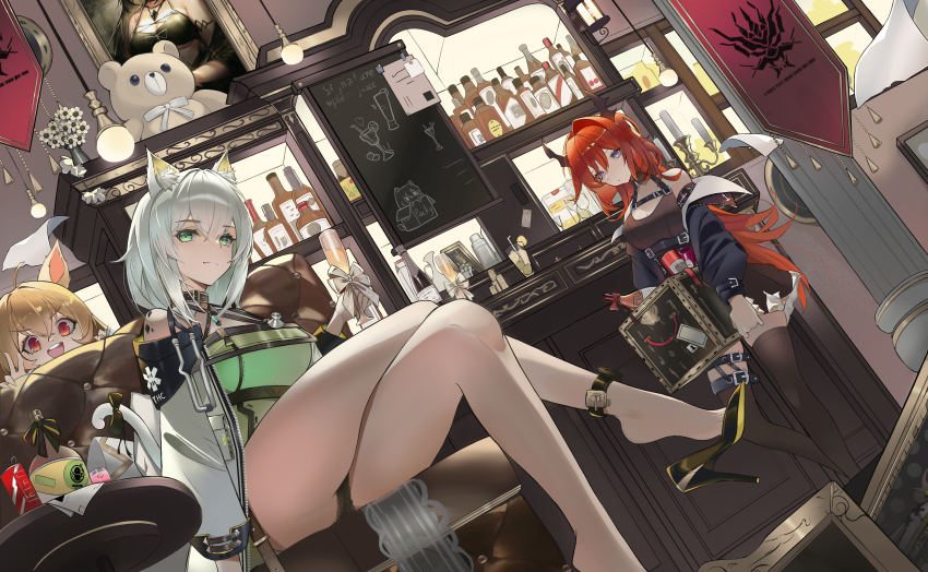 3girls, :d, absurdres, ahoge, animal_ears, anklet, arknights, armlet
