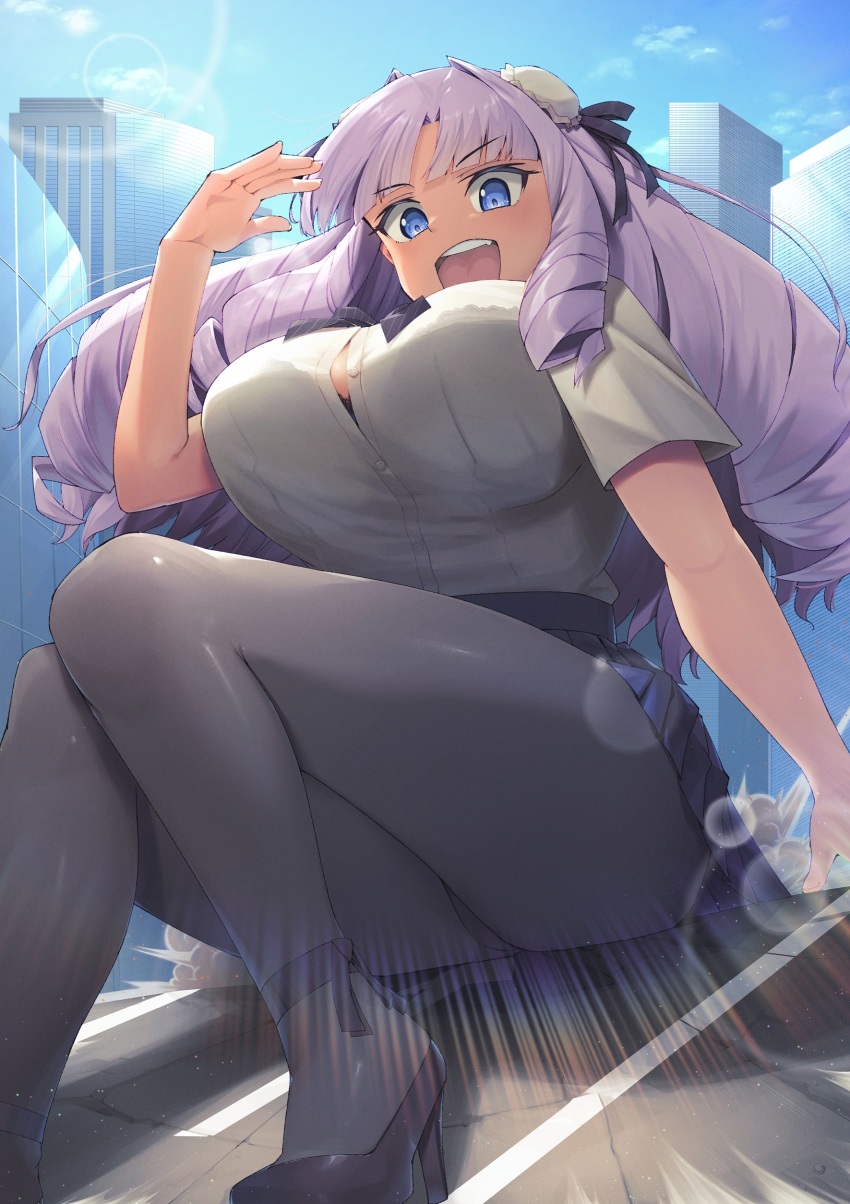 1girl, :d, absurdres, black_footwear, black_pantyhose, black_ribbon, black_skirt, blue_eyes, blunt_bangs, bra, bra_peek, breasts, building, button_gap, city, double_bun, drill_hair, fujido_oriko, giant, giant_ojou-sama, giantess, hair_bun, hair_ribbon, high_heels, highres, large_breasts, light_purple_hair, long_hair, looking_at_viewer, open_mouth, pantyhose, pleated_skirt, rezomi_zore, ribbon, shirt, skirt, smile, solo, thighs, underwear, white_shirt