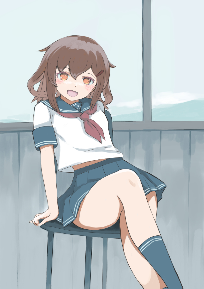 1girl, absurdres, alternate_sleeve_length, black_socks, blue_sailor_collar, blue_skirt, brown_hair, commentary_request