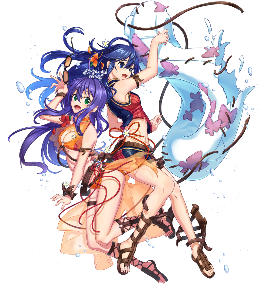 2girls, :o, alternate_costume, arm_strap, arm_up, bare_shoulders, belt, bikini