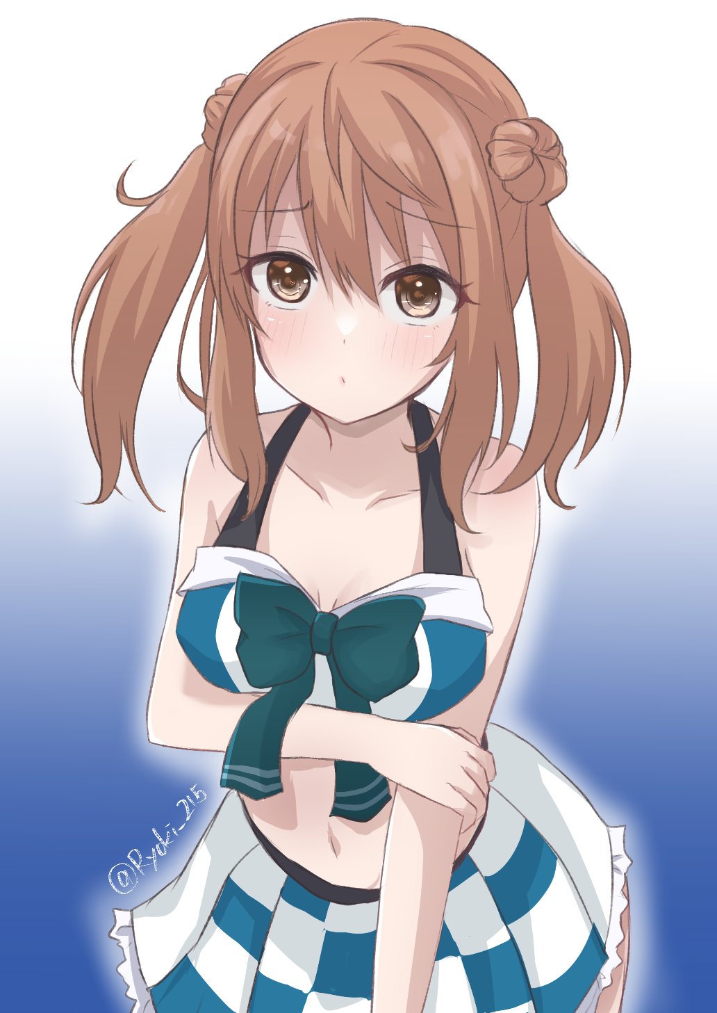 1girl, adapted_costume, bikini, bikini_top_only, blue_background, brown_eyes, checkered_clothes, checkered_skirt