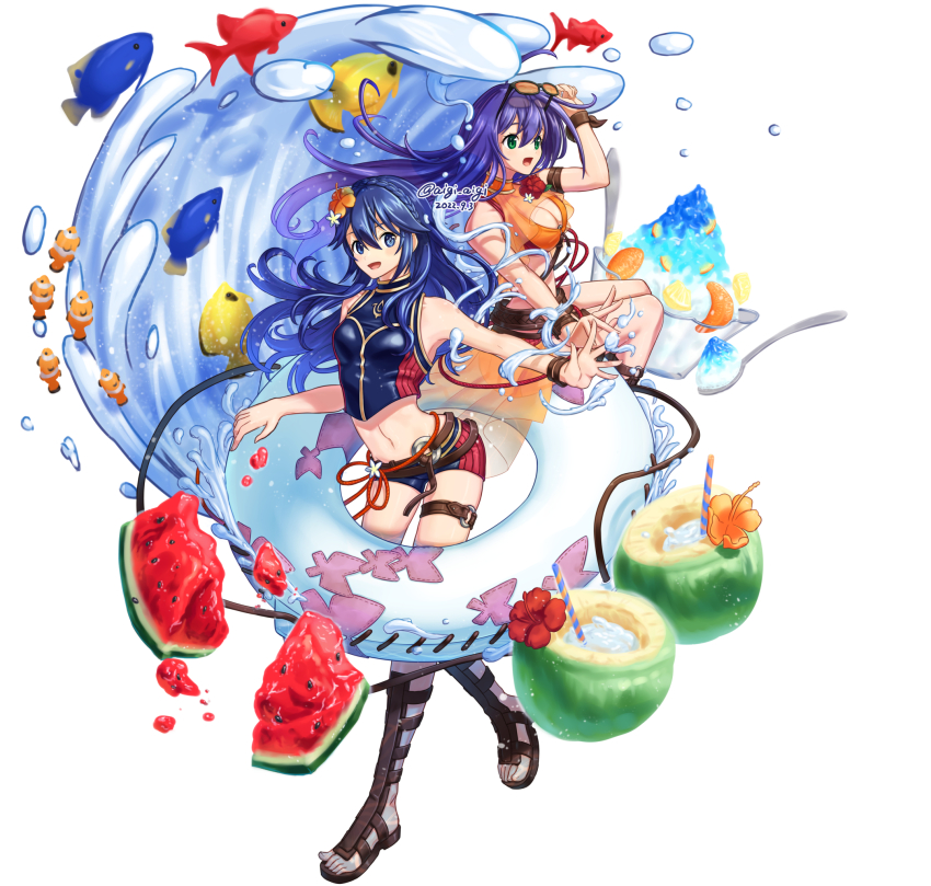 2girls, :d, :o, alternate_costume, arm_strap, arm_up, bare_shoulders, belt