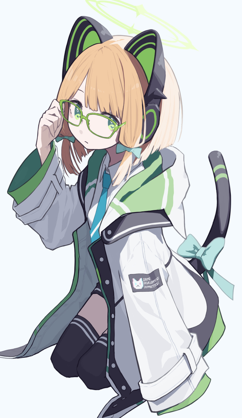 1girl, adjusting_eyewear, animal_ear_headphones, animal_ears, blonde_hair, blue_archive, blue_necktie, bow