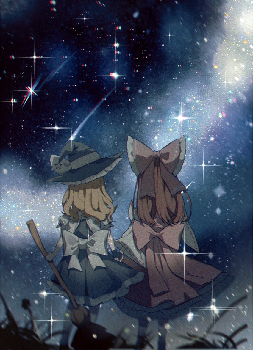 2girls, absurdres, back_bow, black_gloves, black_headwear, black_skirt, black_vest, blonde_hair