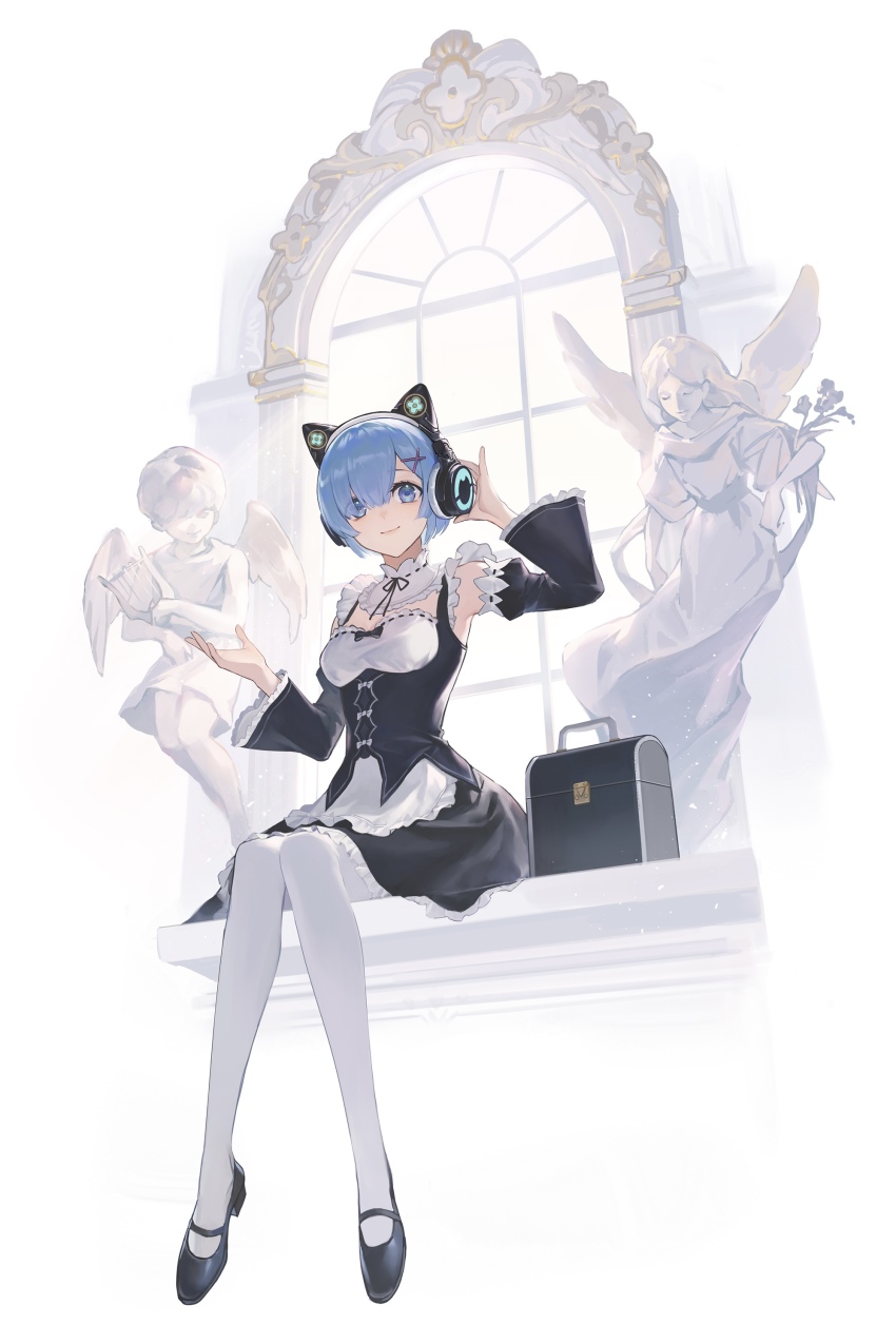 1girl, absurdres, adjusting_headphones, angel_statue, animal_ear_headphones, animal_ears, black_dress, black_ribbon, black_shoes, black_sleeves, blue_eyes, blue_hair, breasts, case, cat_ear_headphones, cat_ears, detached_collar, detached_sleeves, dress, fake_animal_ears, frilled_dress, frills, hair_ornament, hair_over_one_eye, hands_up, headphones, highres, looking_at_viewer, maid, marble_(stone), mary_janes, medium_breasts, neck_ribbon, pantyhose, re:zero_kara_hajimeru_isekai_seikatsu, rem_(re:zero), ribbon, roswaal_mansion_maid_uniform, ru_(famia), second-party_source, shoes, short_hair, sitting, smile, solo, white_background, white_pantyhose, wide_sleeves, window, windowsill, x_hair_ornament