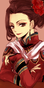 1girl, akieru_nomaki, brown_eyes, brown_hair, earrings, female_focus, flower, gensou_suikoden