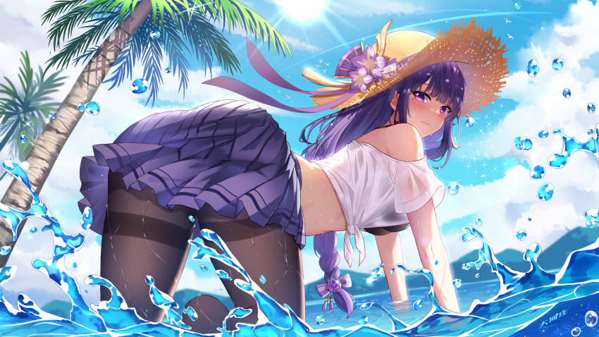 1girl, absurdres, all_fours, black_bra, black_pantyhose, blue_sky, blush, bra