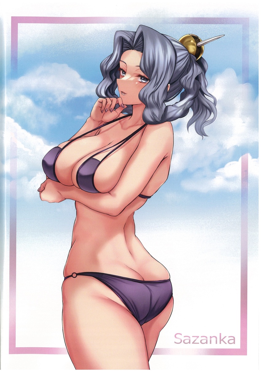 1girl, absurdres, ass, bad_anatomy, bare_arms, bare_shoulders, blue_eyes, blue_hair, breasts, butt_crack, cleavage, cloud, crossed_arms, fingernails, hair_ornament, highres, large_breasts, lips, long_hair, looking_at_viewer, looking_back, medium_breasts, nail_polish, nintendo, o-ring, pokemon, pokemon_legends:_arceus, ponytail, sanqua_(pokemon), scan, simple_background, sky, smile, solo, swimsuit, takecha, thighs, twisted_torso