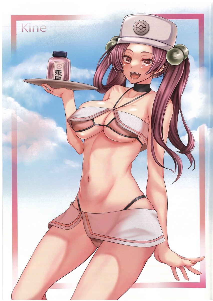 1girl, absurdres, bare_shoulders, bikini, breasts, brown_eyes, cleavage, cloud, fingernails, hair_ornament, halterneck, hat, highleg, highleg_bikini, highres, large_breasts, lips, long_hair, looking_at_viewer, medium_breasts, navel, nintendo, open_mouth, pesselle_(pokemon), pink_hair, pokemon, pokemon_legends:_arceus, scan, shiny_skin, simple_background, skirt, sky, smile, solo, stomach, swimsuit, takecha, teeth, thighs, tray, twintails