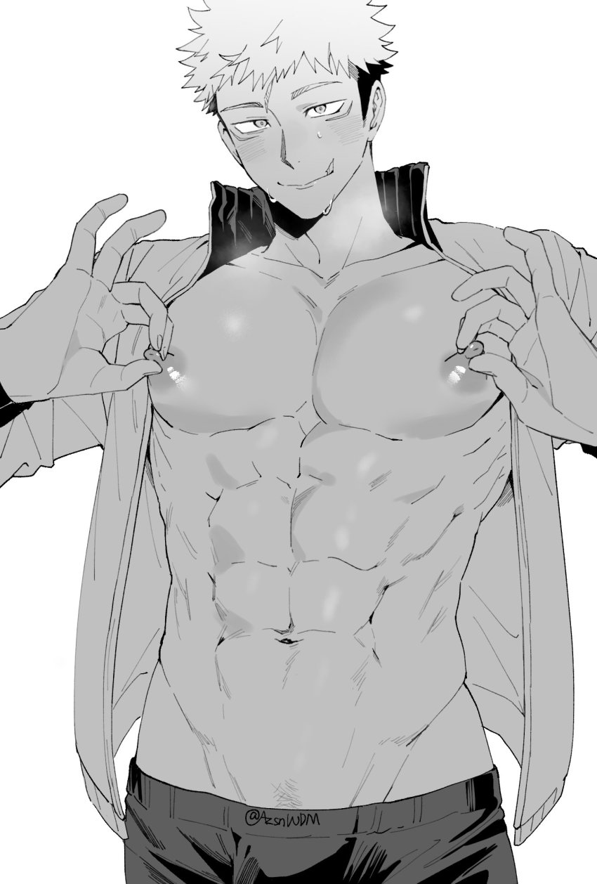 1boy, abs, bara, bare_pectorals, blush, closed_mouth, facial_mark, greyscale