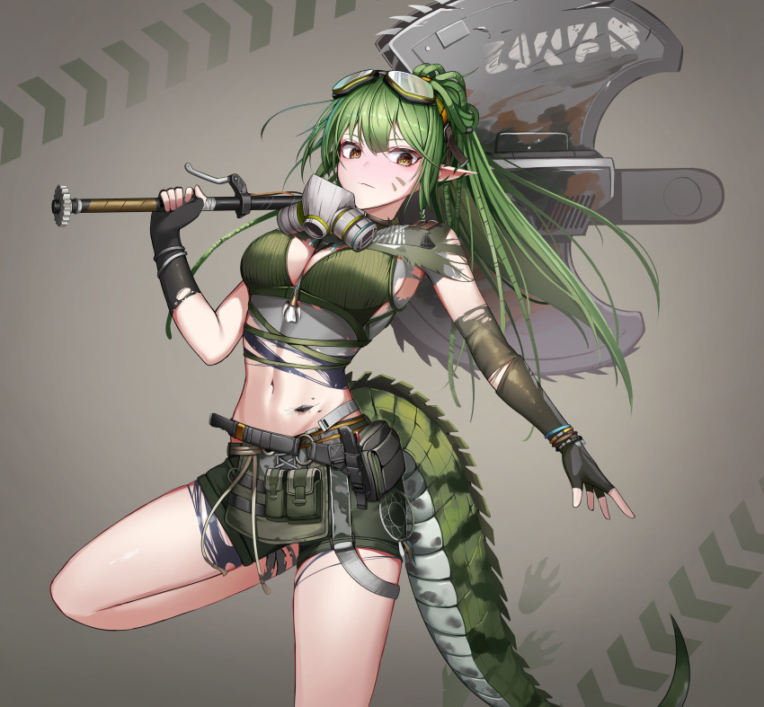 1girl, absurdres, arknights, asymmetrical_gloves, axe, bare_shoulders, black_gloves, black_shorts