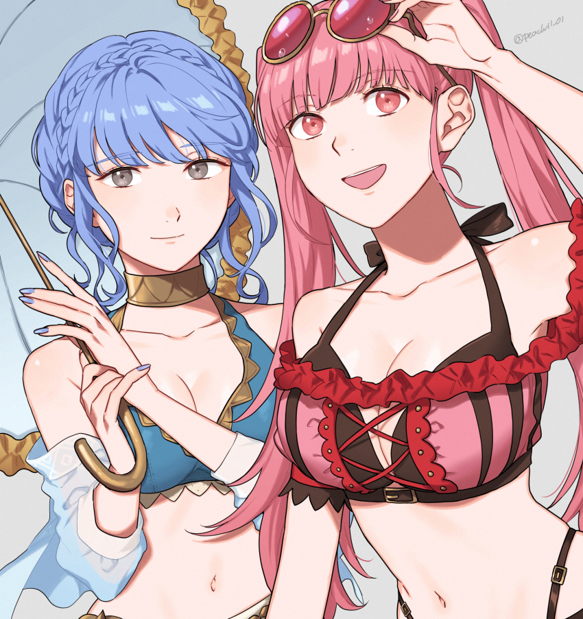 2girls, adjusting_eyewear, bikini, blue_bikini, blue_hair, blue_nails, braid, breasts