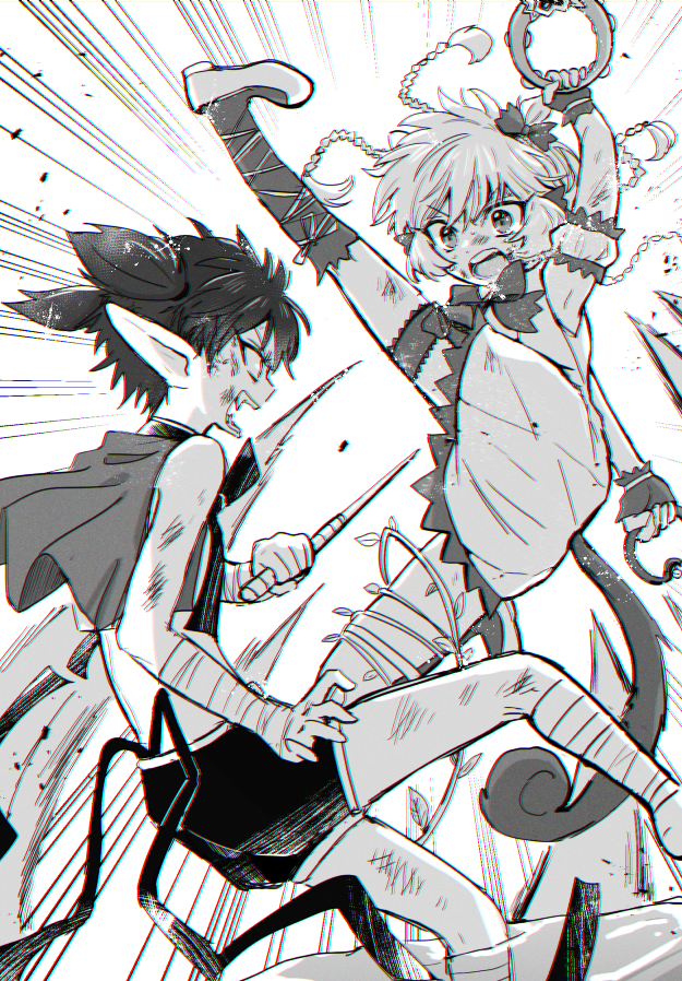 1boy, 1girl, animal_ears, bow, braid, detached_sleeves, fangs, fighting