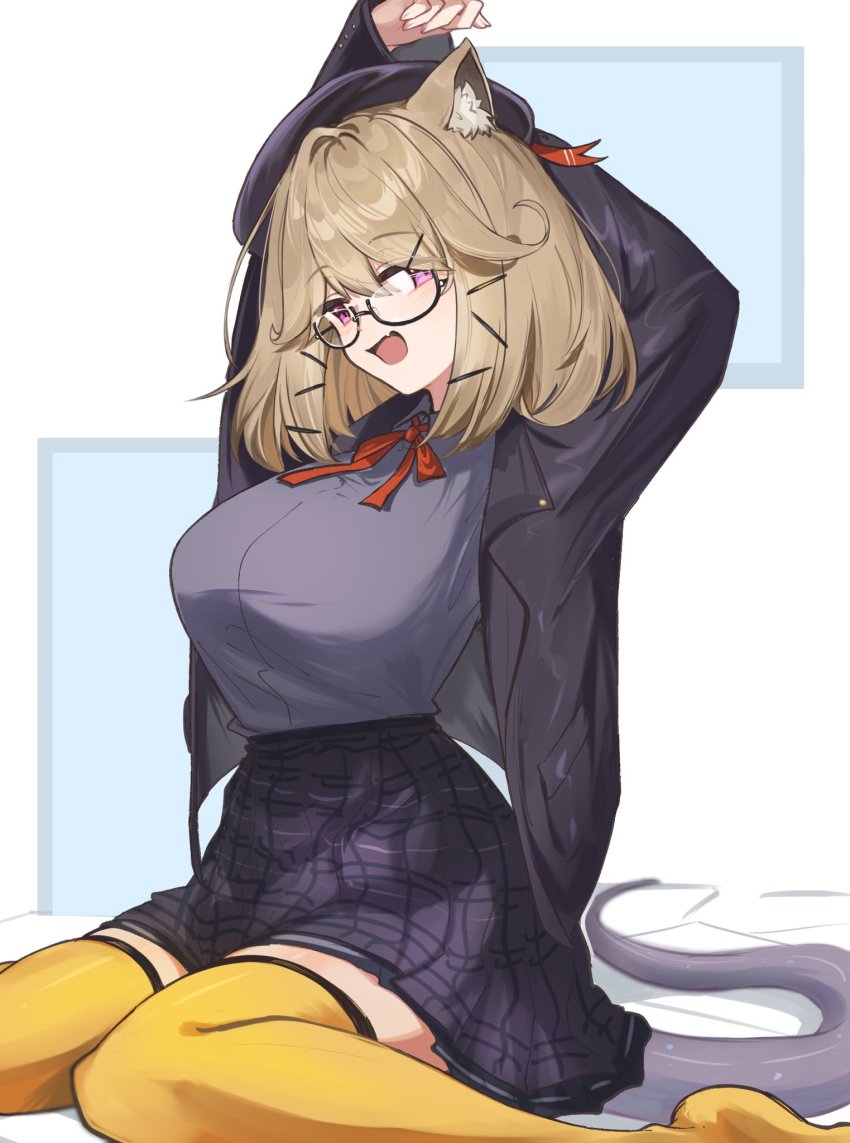 1girl, :d, animal_ear_fluff, arknights, arms_up, black-framed_eyewear, black_jacket, black_skirt