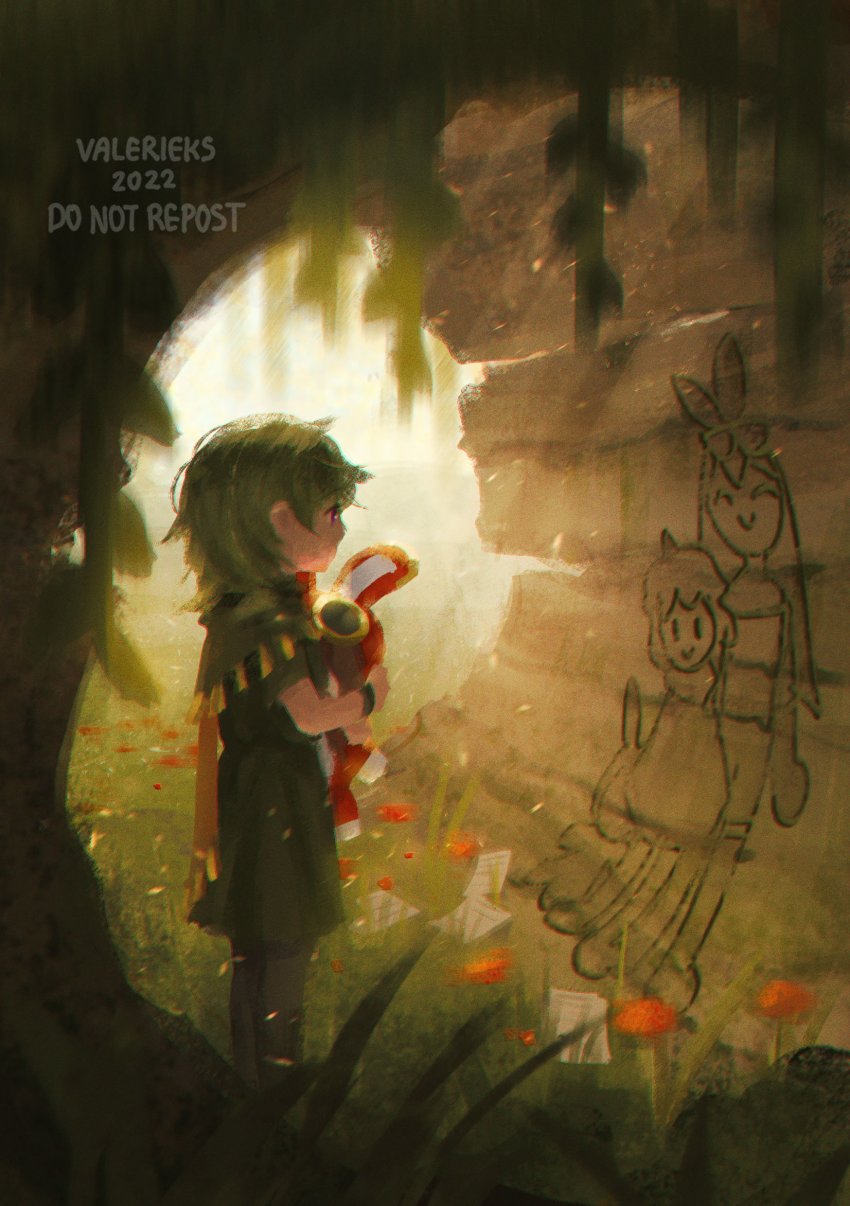 1girl, 2022, absurdres, artist_name, backlighting, capelet, collei_(genshin_impact), dress