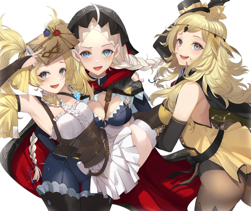 3girls, absurdres, ahoge, ass, bag, black_bridal_gauntlets, black_cape, black_footwear