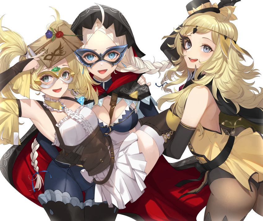 3girls, absurdres, ahoge, ass, bag, black_bridal_gauntlets, black_cape, black_footwear