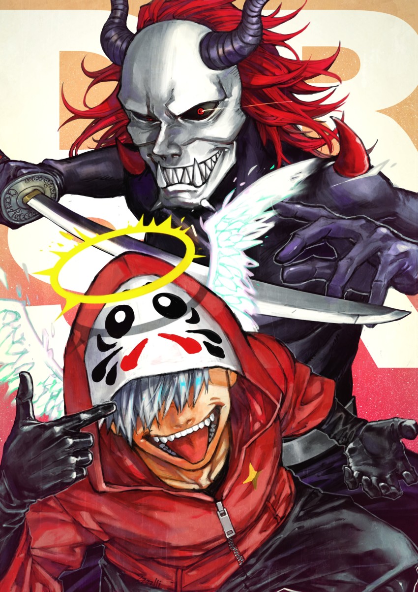 2boys, absurdres, arisakaaa_(crazy_raccoon), black_bodysuit, black_gloves, black_pants, black_sclera, bodysuit