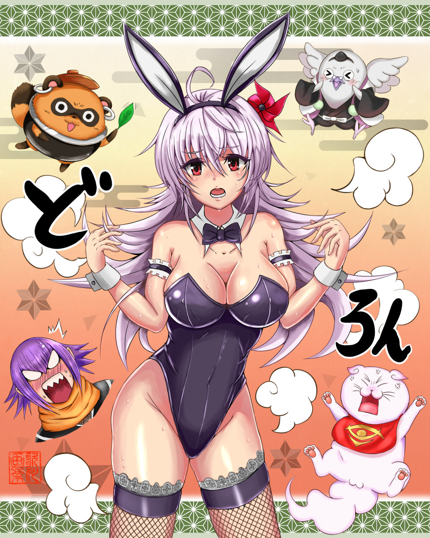 1girl, 4boys, absurdres, animal_ears, ayakashi_triangle, big_kapipara, breasts, cleavage, detached_collar, fake_animal_ears, genderswap, genderswap_(mtf), hair_between_eyes, highres, kazamaki_matsuri, kazamaki_matsuri_(female), long_hair, multiple_boys, ninokuru_ponosuke, ninokuru_soga, pink_eyes, pinwheel, playboy_bunny, purple_hair, rabbit_ears, shirogane_(ayatora), solo_focus, tanumaro_(ayatora)