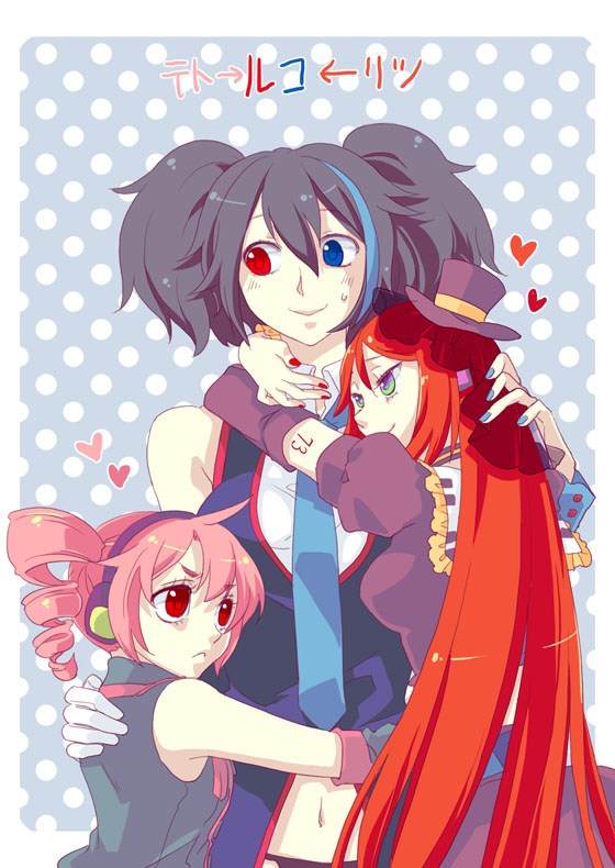 1boy, 2girls, black_hair, blue_eyes, blue_necktie, detached_sleeves, drill_hair, green_eyes