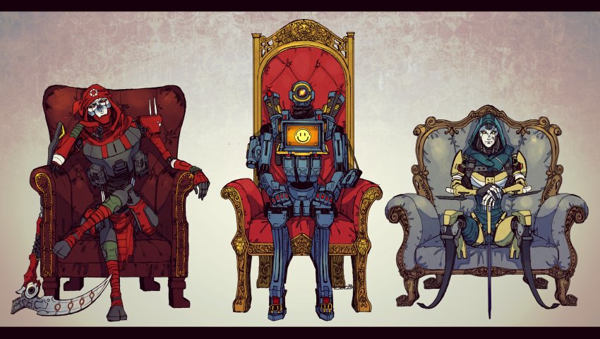 1girl, 2boys, absurdres, android, animification, apex_legends, ash_(titanfall_2), bandana, black_sclera, blue_leotard, chair, classic_revenant, colored_sclera, commentary, crossed_legs, dead_man's_curve, hand_on_hilt, head_tilt, highres, hood, hood_up, hooded_leotard, humanoid_robot, leotard, metal_skin, multiple_boys, orange_eyes, pathfinder_(apex_legends), red_bandana, revenant_(apex_legends), robot, science_fiction, screen, scythe, shiba_shiba, simulacrum_(titanfall), sitting, sword, untranslatable_commentary, weapon, yellow_eyes