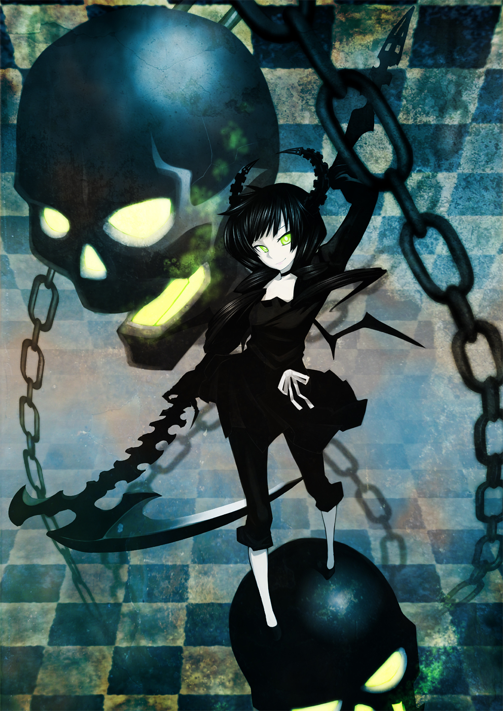 10s, 1girl, bad_id, bad_pixiv_id, black_dress, black_hair, black_rock_shooter, curly_hair
